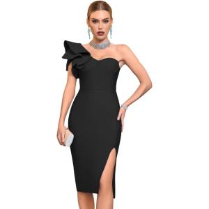 meilun One Shoulder Ruffle Wedding Guest Dress Slit Bandage Cocktail Dress Formal Party Gowns(B-black)