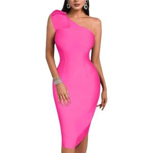 meilun One Shoulder with Bow-Knot Bandage Dress Birthday Party Evening Gown(Pink)