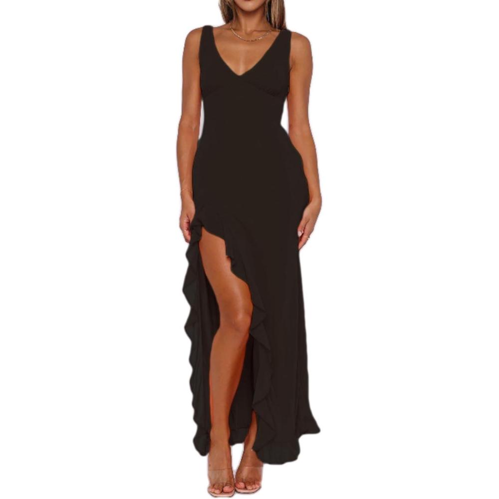 imagemeilun Womens VNeck Ruffle Wedding Guest Dress Mesh Slit Bodycon Cocktail Party Maxi DressCblack