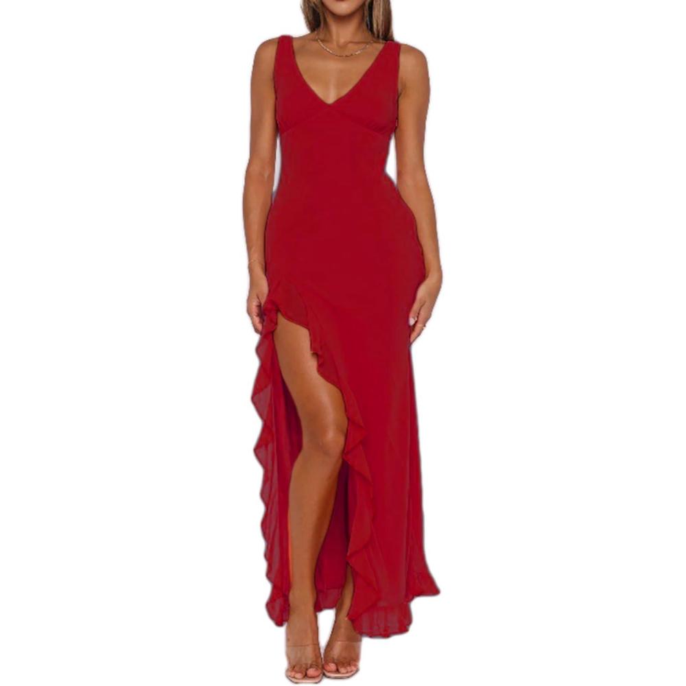 imagemeilun Womens VNeck Ruffle Wedding Guest Dress Mesh Slit Bodycon Cocktail Party Maxi DressCred