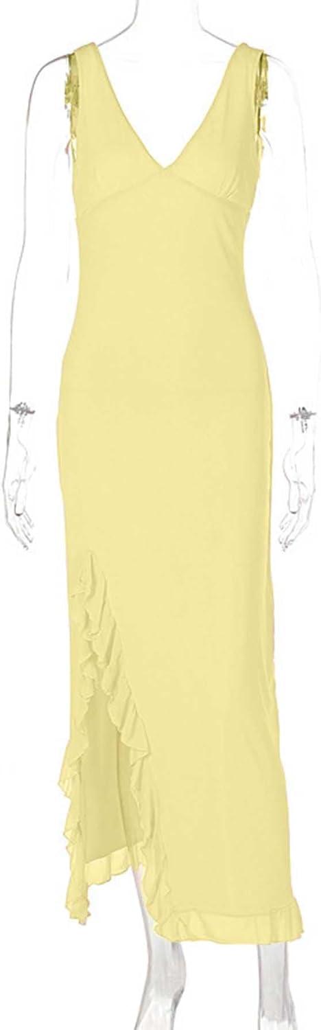 imagemeilun Womens VNeck Ruffle Wedding Guest Dress Mesh Slit Bodycon Cocktail Party Maxi DressCyellow