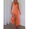 meilun Women’s V-Neck Ruffle Wedding Guest Dress Mesh Slit Bodycon Cocktail Party Maxi Dress(C-orange)