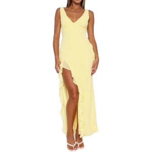 meilun Women’s V-Neck Ruffle Wedding Guest Dress Mesh Slit Bodycon Cocktail Party Maxi Dress(C-yellow)