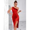 meilun Asymmetrical Pleated One Shoulder Bridesmaid Party Mini Dress(Red)