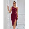 meilun Asymmetrical Pleated One Shoulder Bridesmaid Party Mini Dress(Wine)