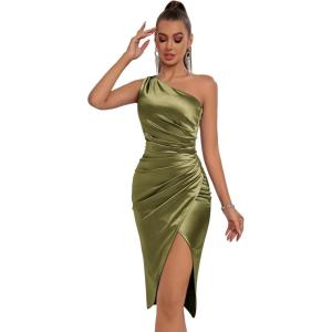 meilun Asymmetrical Pleated One Shoulder Bridesmaid Party Mini Dress(Olive)