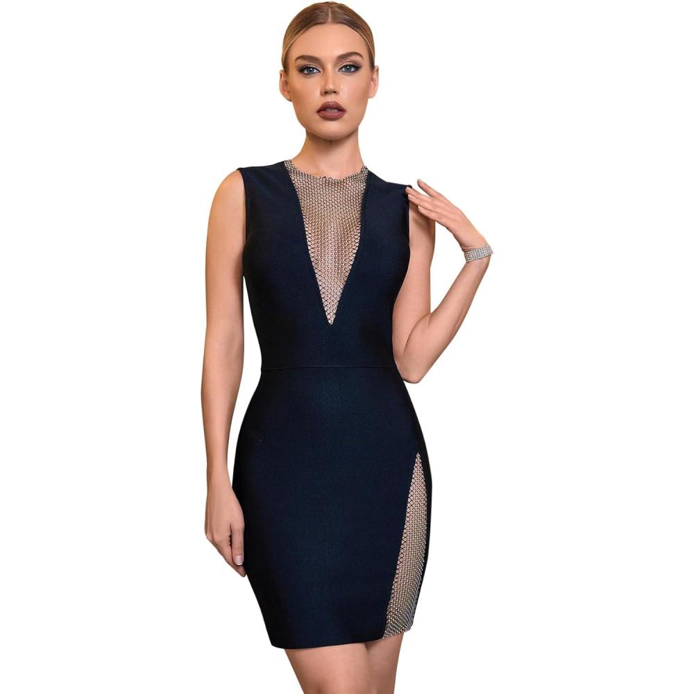 imagemeilun Sexy Mesh VNeck Party Dress Sleeveless Bandage Bodycon Dress Wedding Guest DressBlack