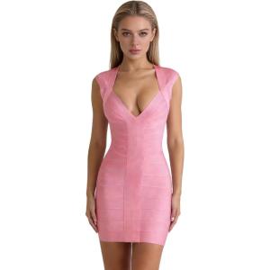 meilun Women’s Mini Bandage Dress Summer V-Neck with Straight Shoulders Stripes Sexy Bodycon Casual Daily Dresses(Pink)
