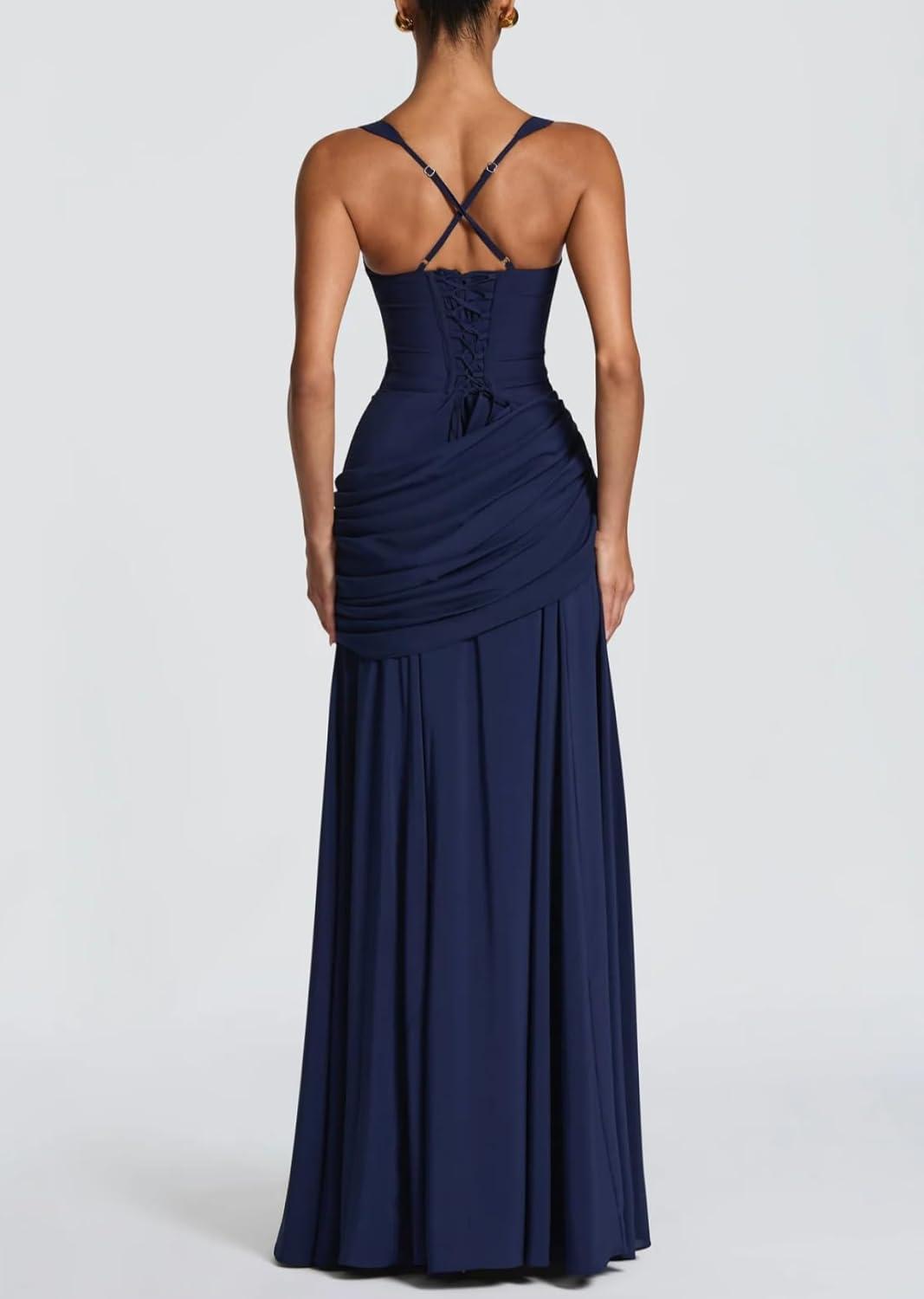imagemeilun Strapless Halter Neck TieWaist Long Dress Elegant Pleated Backless Evening GownNavy