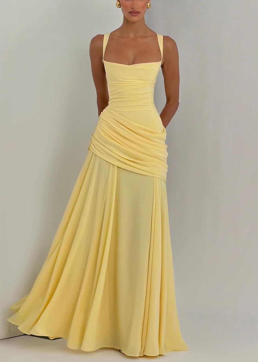 imagemeilun Strapless Halter Neck TieWaist Long Dress Elegant Pleated Backless Evening GownYellow