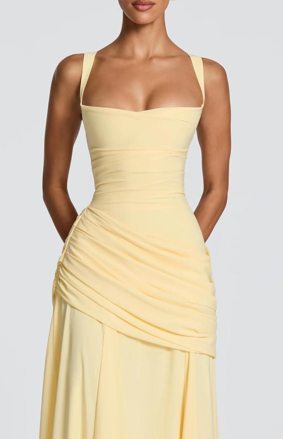 imagemeilun Strapless Halter Neck TieWaist Long Dress Elegant Pleated Backless Evening GownYellow