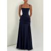 meilun Strapless Halter Neck Tie-Waist Long Dress Elegant Pleated Backless Evening Gown(Navy)