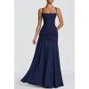 meilun Strapless Halter Neck Tie-Waist Long Dress Elegant Pleated Backless Evening Gown(Navy)
