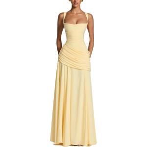 meilun Strapless Halter Neck Tie-Waist Long Dress Elegant Pleated Backless Evening Gown(Yellow)