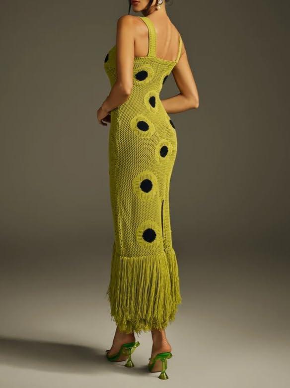 imageDot Fringe Knitted Midi Dress VNeck CutOut Long Dress Ins Resort StyleGreen
