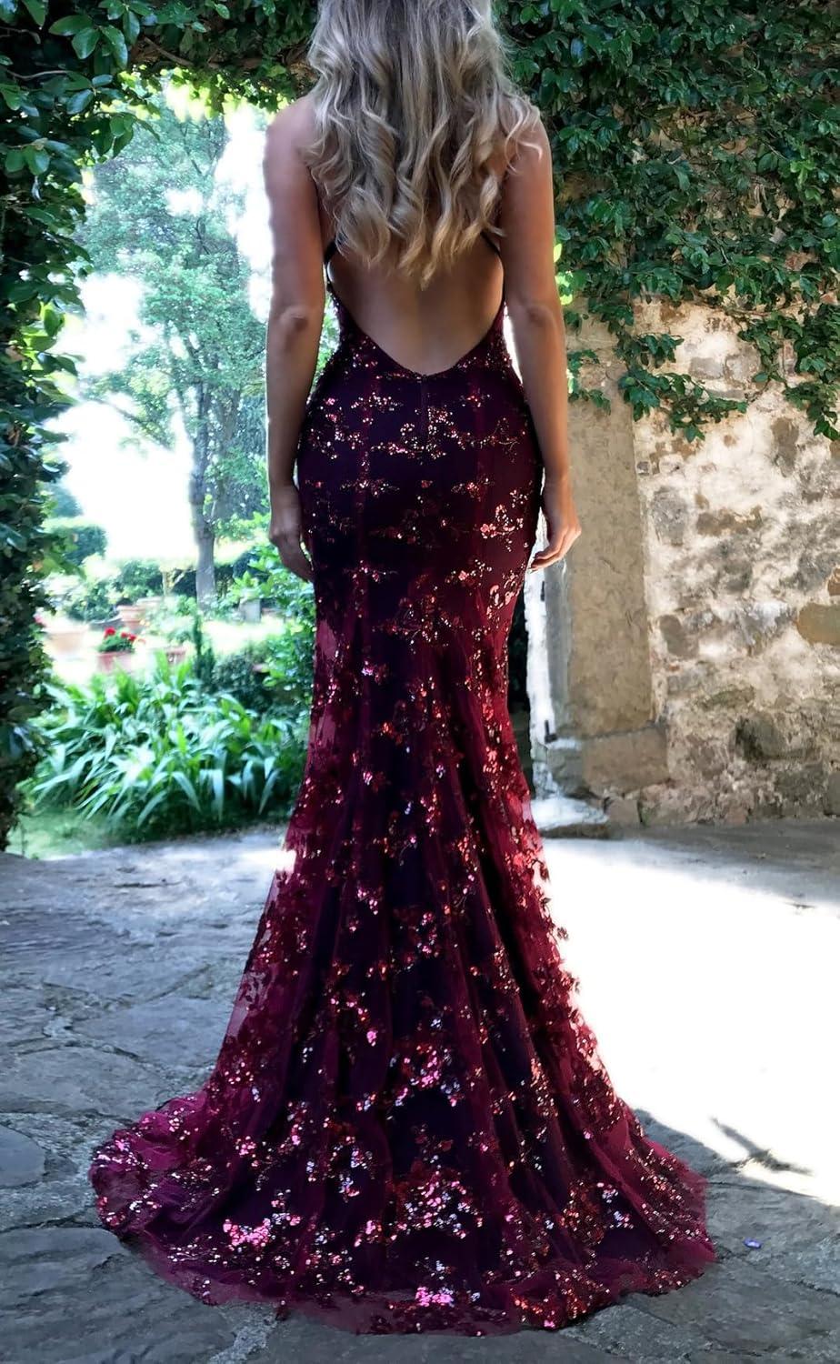 imageSequins Dress Maxi Mesh Dress Halter VNeck Backless Lace Up Evening GownsBwine Red