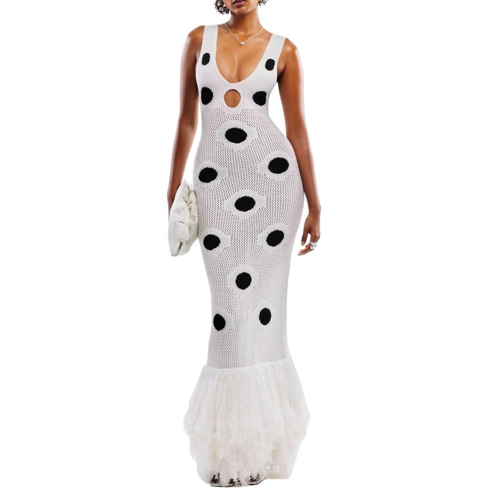 imageDot Fringe Knitted Midi Dress VNeck CutOut Long Dress Ins Resort StyleWhite