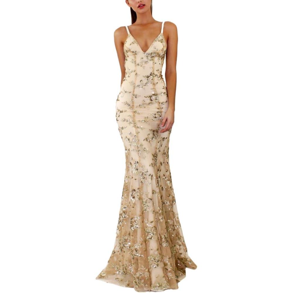 imageSequins Dress Maxi Mesh Dress Halter VNeck Backless Lace Up Evening GownsBbeige