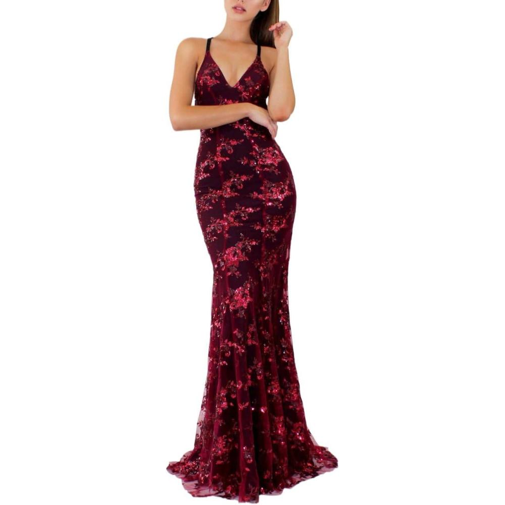 imageSequins Dress Maxi Mesh Dress Halter VNeck Backless Lace Up Evening GownsBwine Red