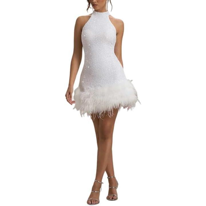 imagemeilun Sequin Sleeveless Dress Fitted Shimmering Faux Fur Party Christmas GownWhite