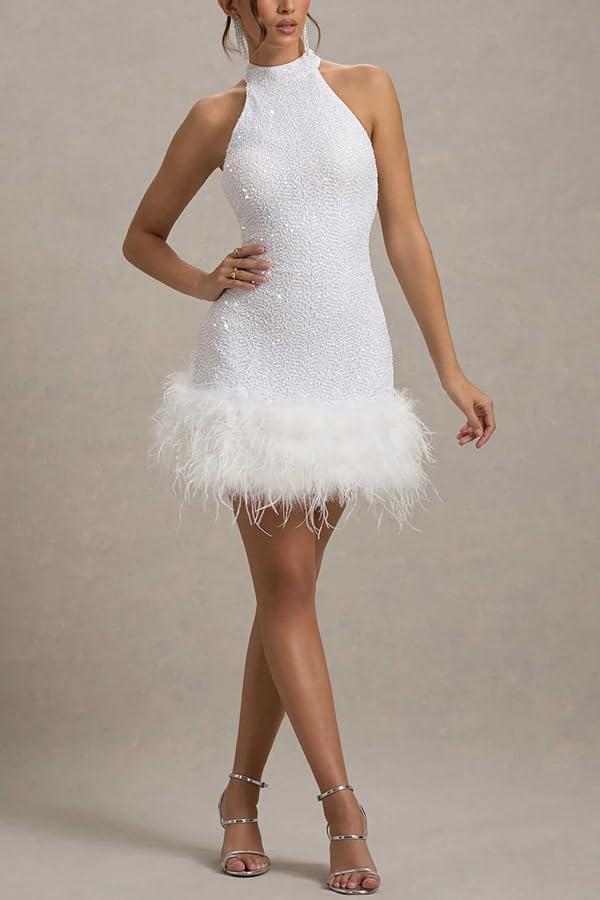 imagemeilun Sequin Sleeveless Dress Fitted Shimmering Faux Fur Party Christmas GownWhite