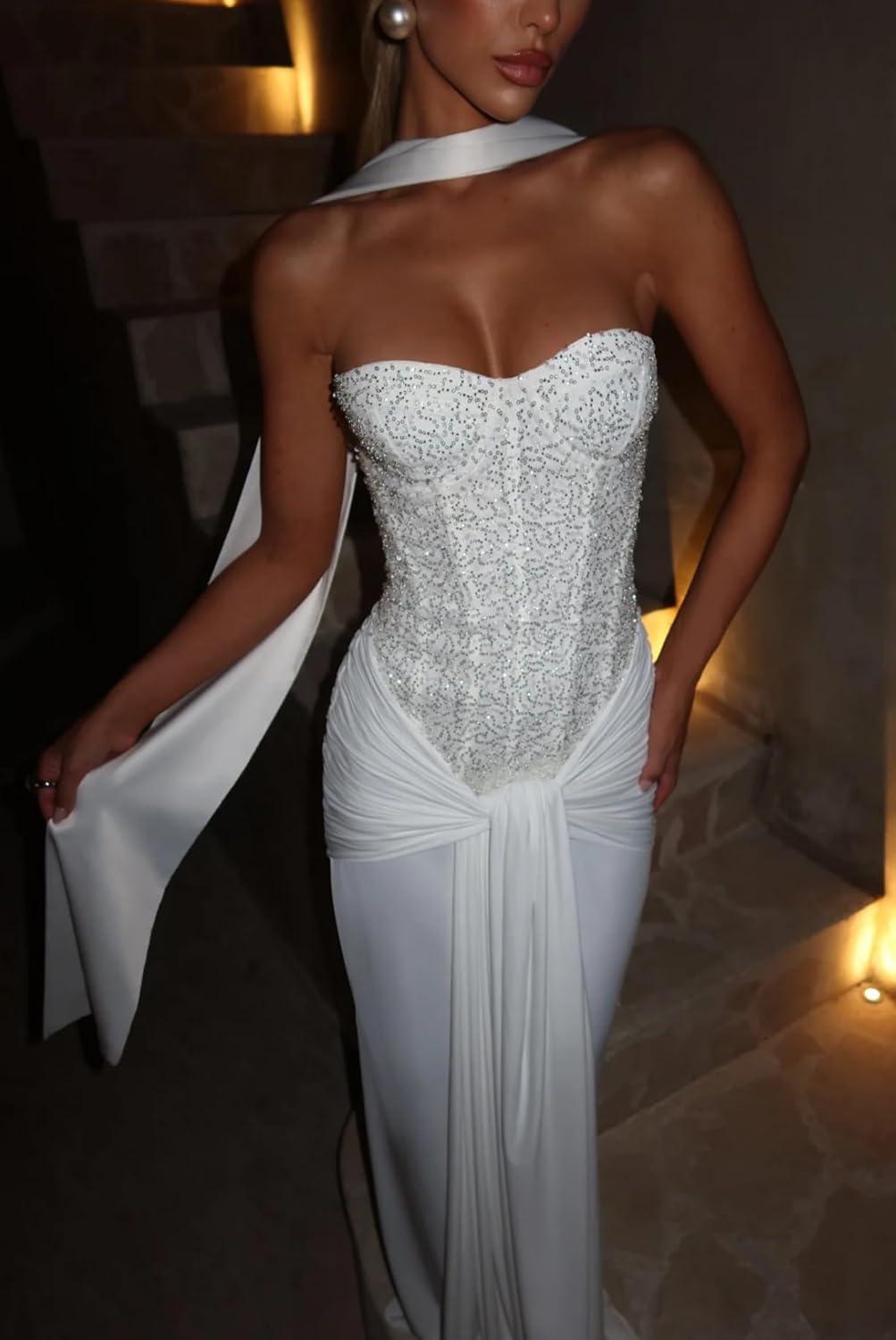 imagemeilun Strapless Sequin Patchwork Bodycon Party Gown Long DressWhite