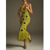 Dot Fringe Knitted Midi Dress V-Neck Cut-Out Long Dress Ins Resort Style(Green)