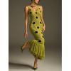 Dot Fringe Knitted Midi Dress V-Neck Cut-Out Long Dress Ins Resort Style(Green)