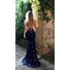 Sequins Dress Maxi Mesh Dress Halter V-Neck Backless Lace Up Evening Gowns(B-dark Blue)