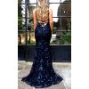 Sequins Dress Maxi Mesh Dress Halter V-Neck Backless Lace Up Evening Gowns(B-dark Blue)