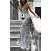 Sequins Dress Maxi Mesh Dress Halter V-Neck Backless Lace Up Evening Gowns(B-grey)