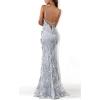 Sequins Dress Maxi Mesh Dress Halter V-Neck Backless Lace Up Evening Gowns(B-grey)