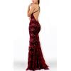 Sequins Dress Maxi Mesh Dress Halter V-Neck Backless Lace Up Evening Gowns(B-wine Red)