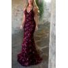 Sequins Dress Maxi Mesh Dress Halter V-Neck Backless Lace Up Evening Gowns(B-wine Red)
