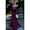 Sequins Dress Maxi Mesh Dress Halter V-Neck Backless Lace Up Evening Gowns(B-wine Red)