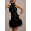 meilun Sequin Sleeveless Dress Fitted Shimmering Faux Fur Party Christmas Gown(Black)