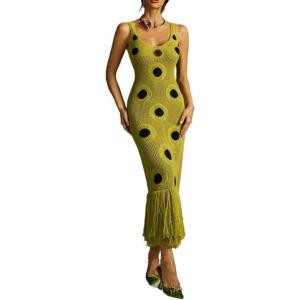 Dot Fringe Knitted Midi Dress V-Neck Cut-Out Long Dress Ins Resort Style(Green)