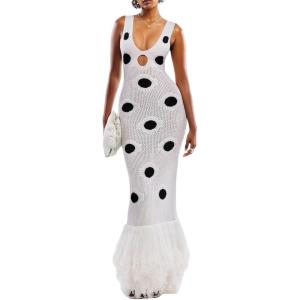 Dot Fringe Knitted Midi Dress V-Neck Cut-Out Long Dress Ins Resort Style(White)