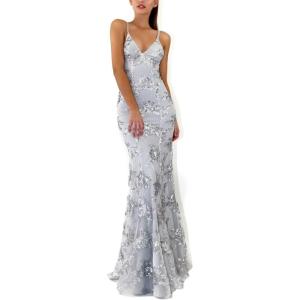 Sequins Dress Maxi Mesh Dress Halter V-Neck Backless Lace Up Evening Gowns(B-grey)