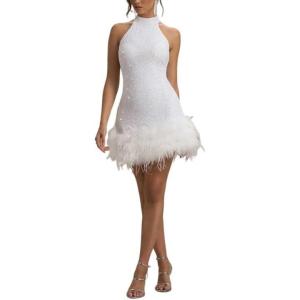 meilun Sequin Sleeveless Dress Fitted Shimmering Faux Fur Party Christmas Gown(White)