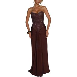 meilun Strapless Sequin Patchwork Bodycon Party Gown Long Dress(Brown)