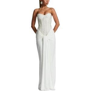 meilun Strapless Sequin Patchwork Bodycon Party Gown Long Dress(White)