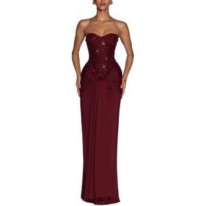 meilun Strapless Sequin Patchwork Bodycon Party Gown Long Dress(Wine)