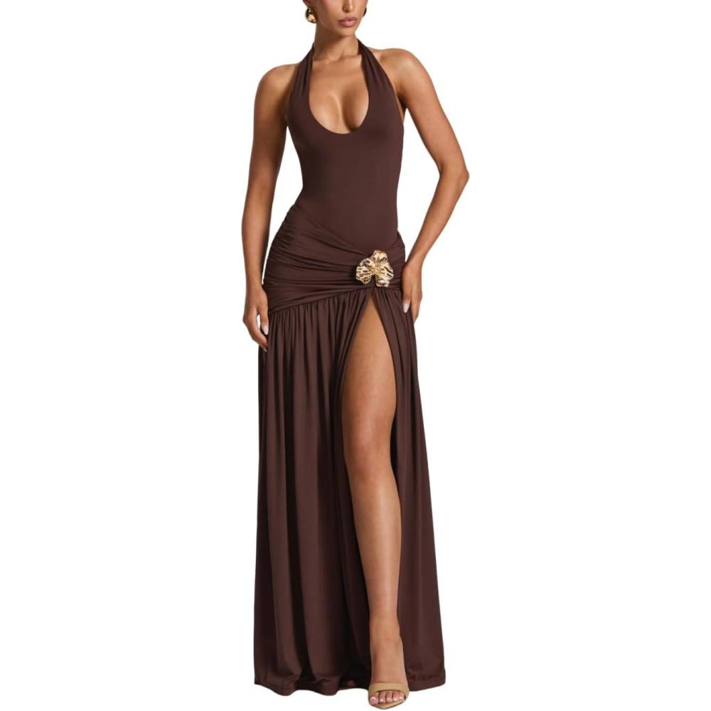 imageBodysuit Maxi Dress Set Backless Tie Split Seaside Vacation Party DressesBrown
