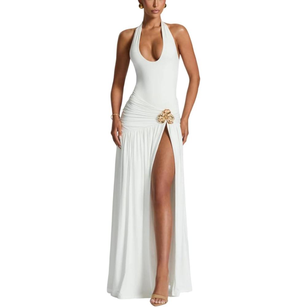 imageBodysuit Maxi Dress Set Backless Tie Split Seaside Vacation Party DressesWhite