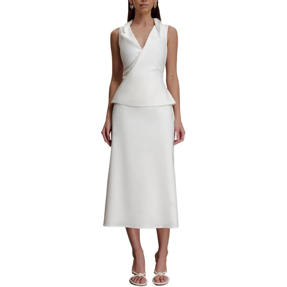 imageCotton Halter Midi Dress VNeck Sleeveless Dress for Professional EleganceWhite