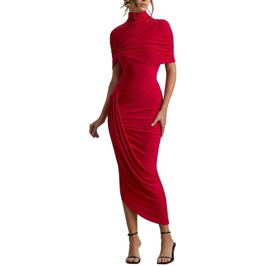 imagemeilun HighNeck Mesh Midi Dress with Shawl Collar Asymmetrical Hemline Fitted SkirtRed