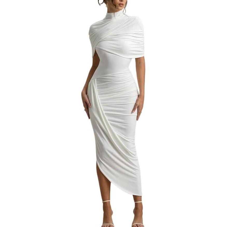 imagemeilun HighNeck Mesh Midi Dress with Shawl Collar Asymmetrical Hemline Fitted SkirtWhite