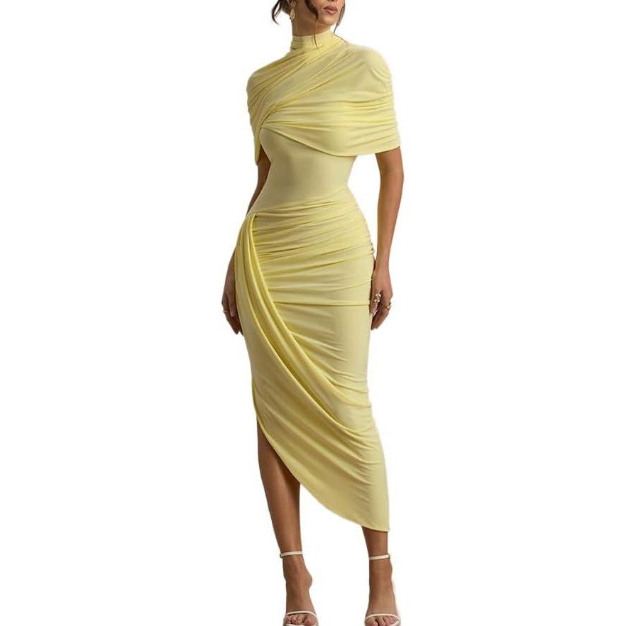 imagemeilun HighNeck Mesh Midi Dress with Shawl Collar Asymmetrical Hemline Fitted SkirtYellow