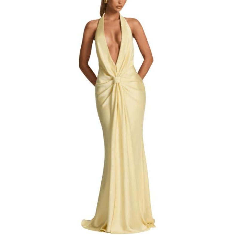 imagemeilun OffShoulder Deep VNeck Fitted Dress FloorLength Evening GownYellow